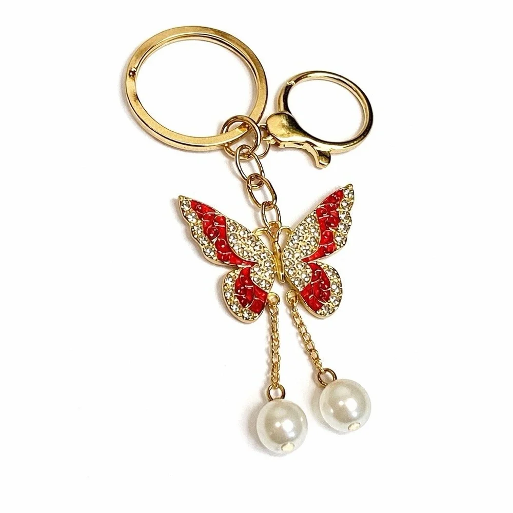Red Butterfly Gold Tone Keychain Purse Charm Rhinestone & Metal Clip 3.75